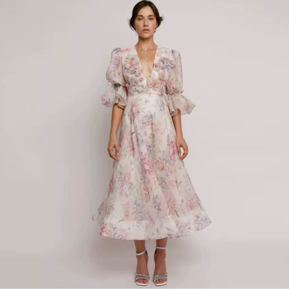 Designer Floral V-Neck Puff Sleeve Dress